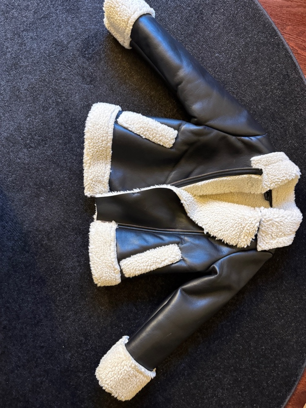 Girl’s Black Faux Leather Teddy Jacket with Cream Sherpa Trim